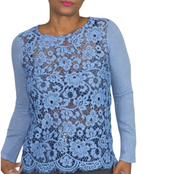 Sundance Tops - Sundance Ariadna Top Blue Lace Knit Sweater Scallop Hem Long Sleeves Size XS